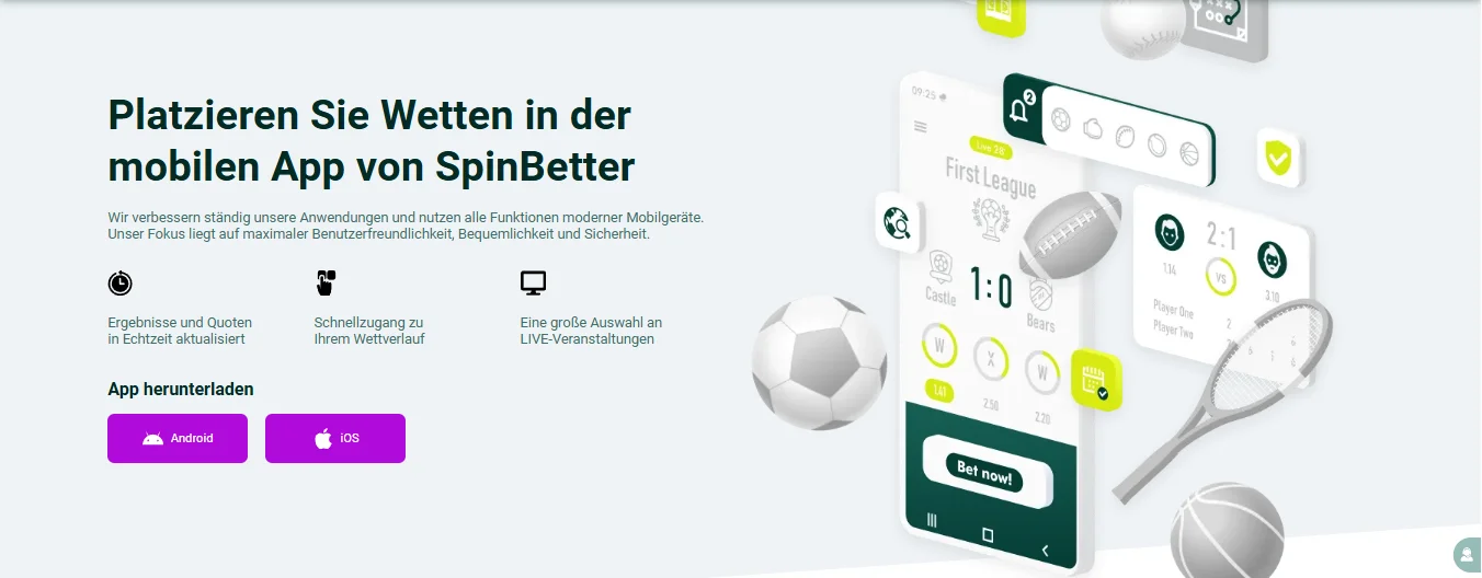 SpinBetter App Download Seite mit Android und iOS Buttons