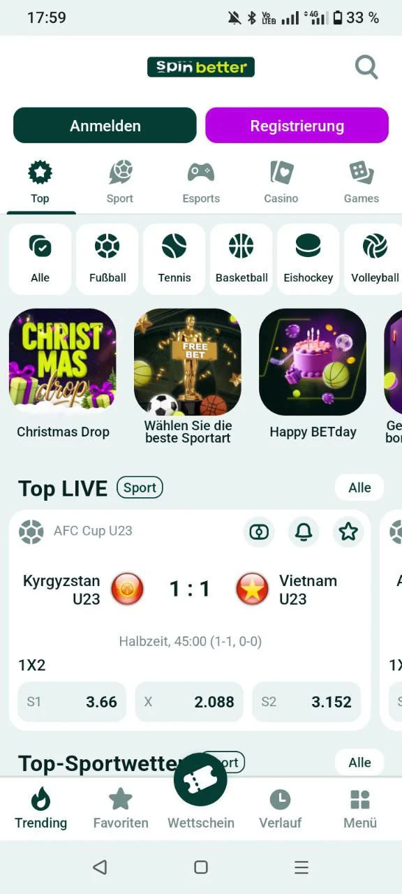 SpinBetter App-Startseite mit Live-Sport und Casino-Einstieg