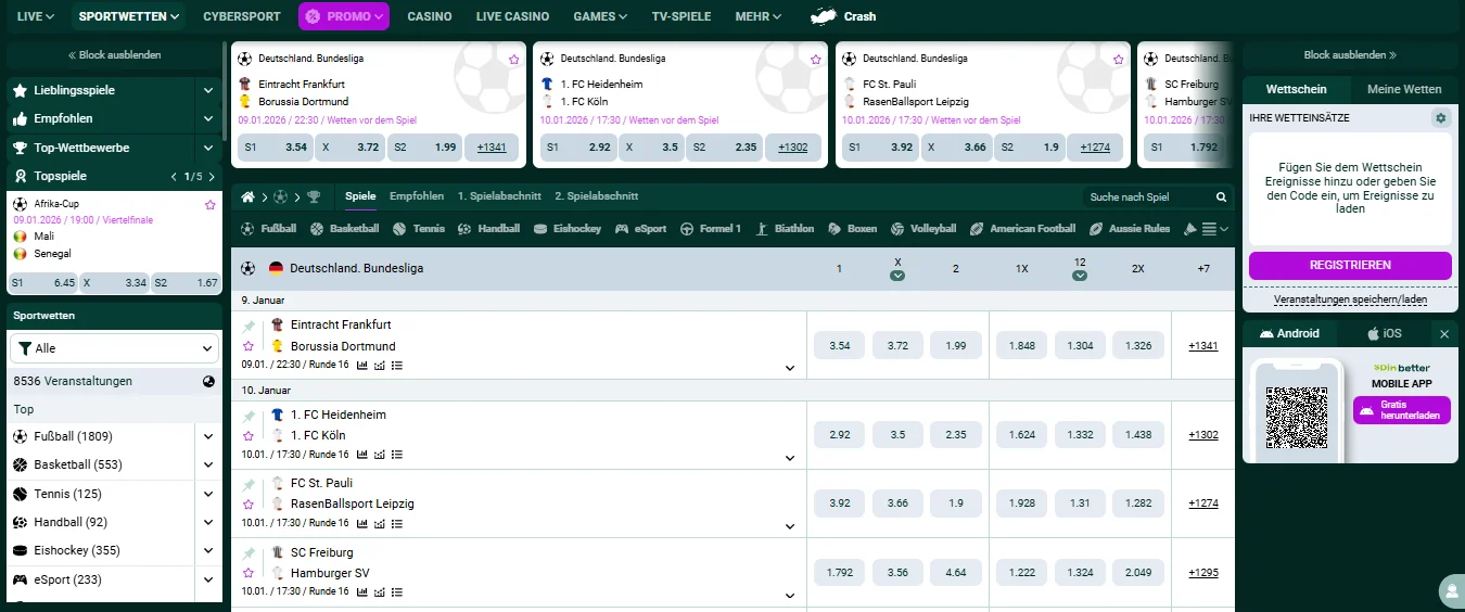 Sportwetten-Oberfläche bei SpinBetter mit Live-Quoten