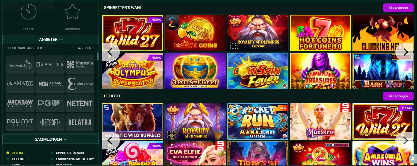 SpinBetter Slot-Bibliothek mit beliebten Spielen wie Wild Cash, Royalty of Olympus und Majestic Wild Buffalo