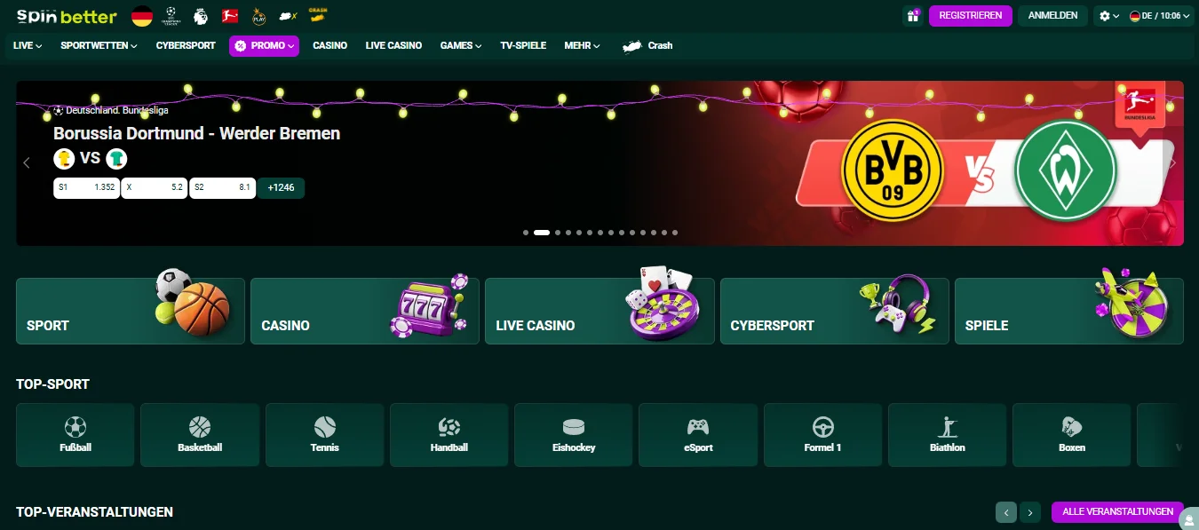 SpinBetter Startseite mit aktuellen Bonusangeboten und Sportwetten
