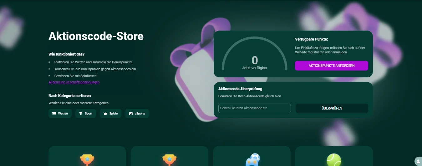 SpinBetter Aktionscode-Store mit Punktestand und Kategorien