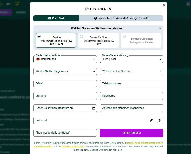 SpinBetter Registrierungsformular mit Bonusauswahl Casino oder Sport