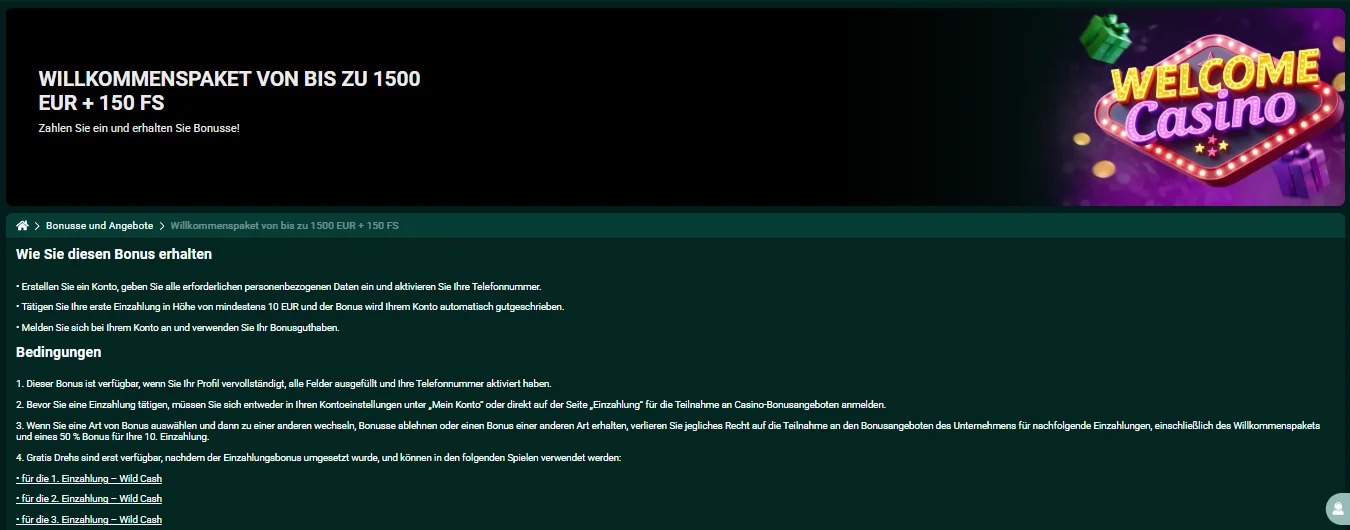 SpinBetter Willkommensbonus Seite mit 1500 Euro und 150 Freispielen